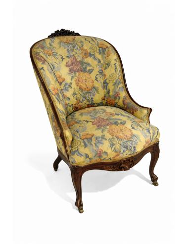 2 Poltrone imbottite/Bergere con gambe a "S", schienale profilato in legno con intaglio nella parte cimasa.