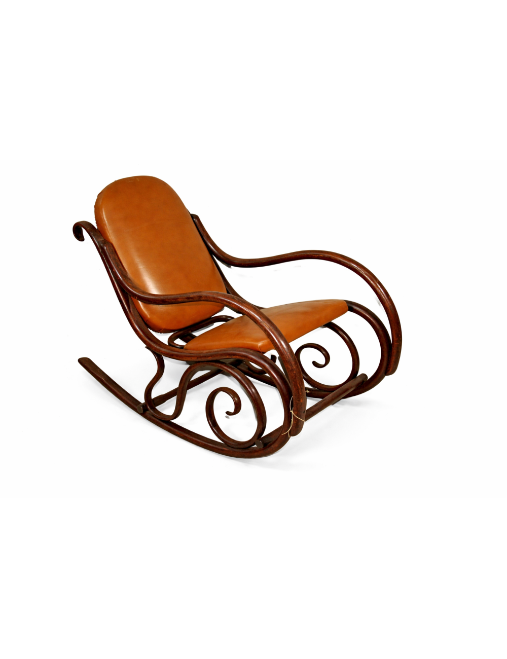 Dondolo Thonet con sedile e schienale imbottiti in pelle, faggio curvato