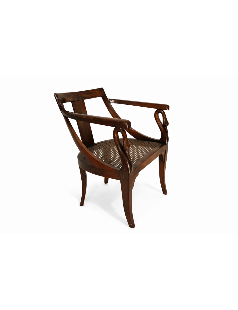 Poltrona con sedile in paglia e schienale intarsiato in ottone. Stile Impero
