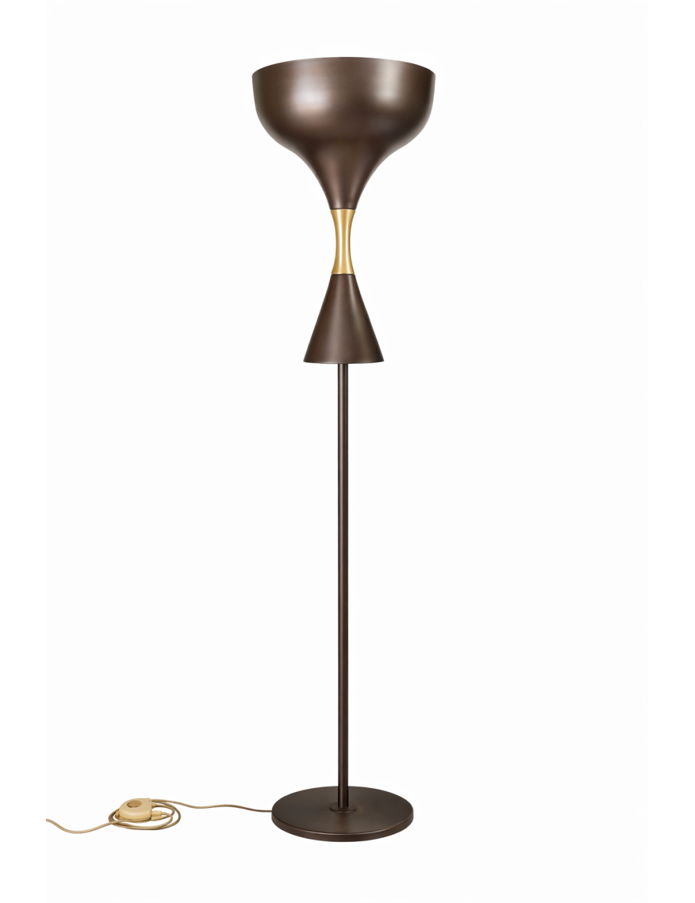 Lampada da terra di design moderno realizzata in ottone satinato con finitura brunita e dettagli dorati