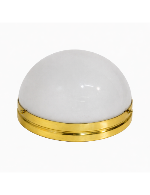 Piccola lampada da soffitto moderna in ottone lucido e vetro opalino bianco