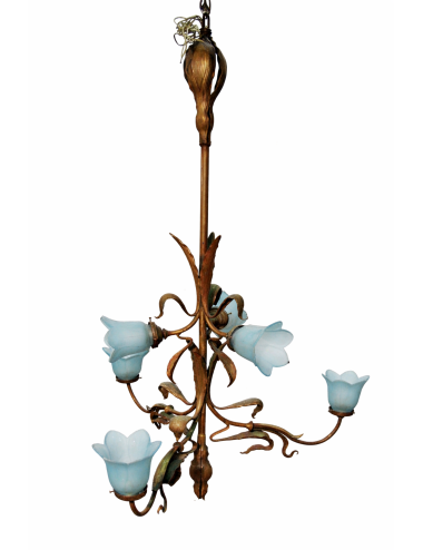 Lampadario in ottone brunito Art Nouveau e dettagli decorativi ispirati alla natura