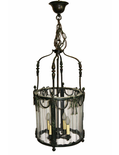 Lampadario a sospensione in stile classico Luigi XV , in ottone con finitura anticata