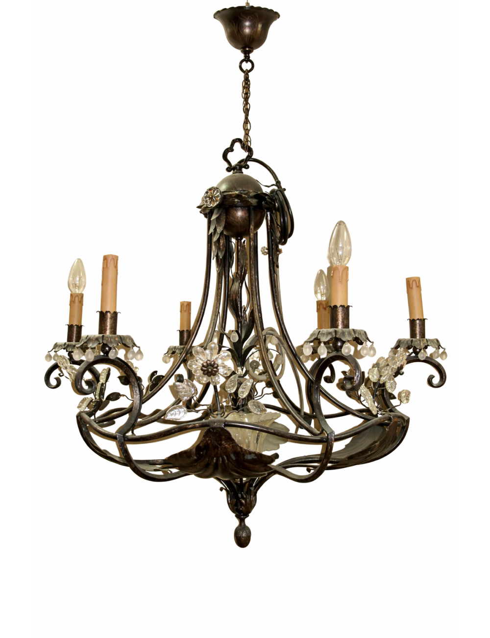 Lampadario a sospensione in stile floreale, realizzato in metallo con finitura brunita e dettagli decorativi in vetro