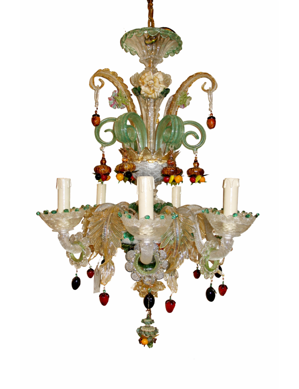 Lampadario a sospensione in cristallo, di grande ricchezza decorativa, riconducibile allo stile veneziano