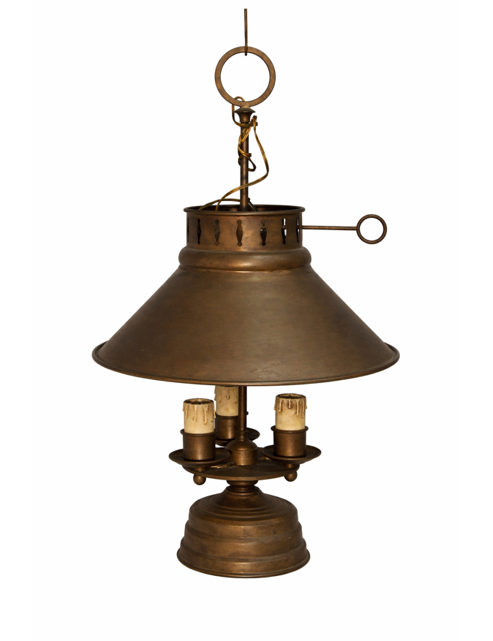 Lampadario a sospensione in ottone con finitura brunita, dallo stile rustico e tradizionale