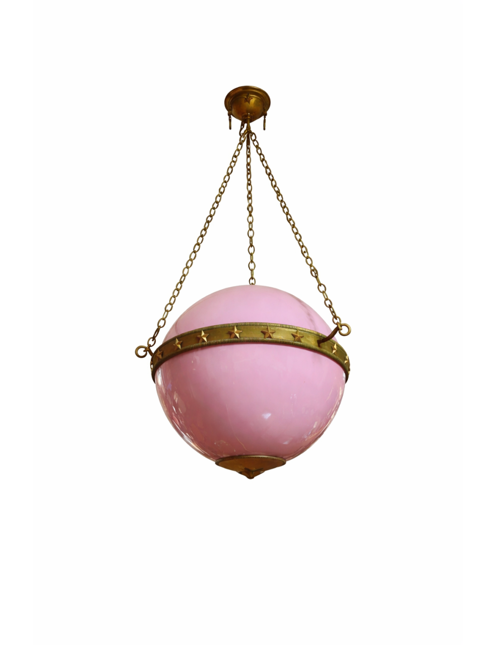 Lampada a sospensione dal design classico, con diffusore a forma sferica in vetro opalino di colore rosa