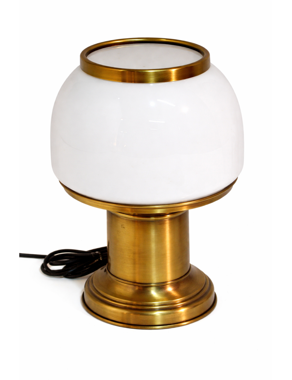 Lampada da comodino in ottone con paralume con vetro opalino bianco con base cilindrica