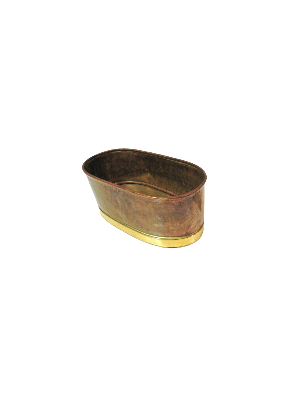 Fioriera o cache pot di forma ovale in rame con base e profili in ottone
