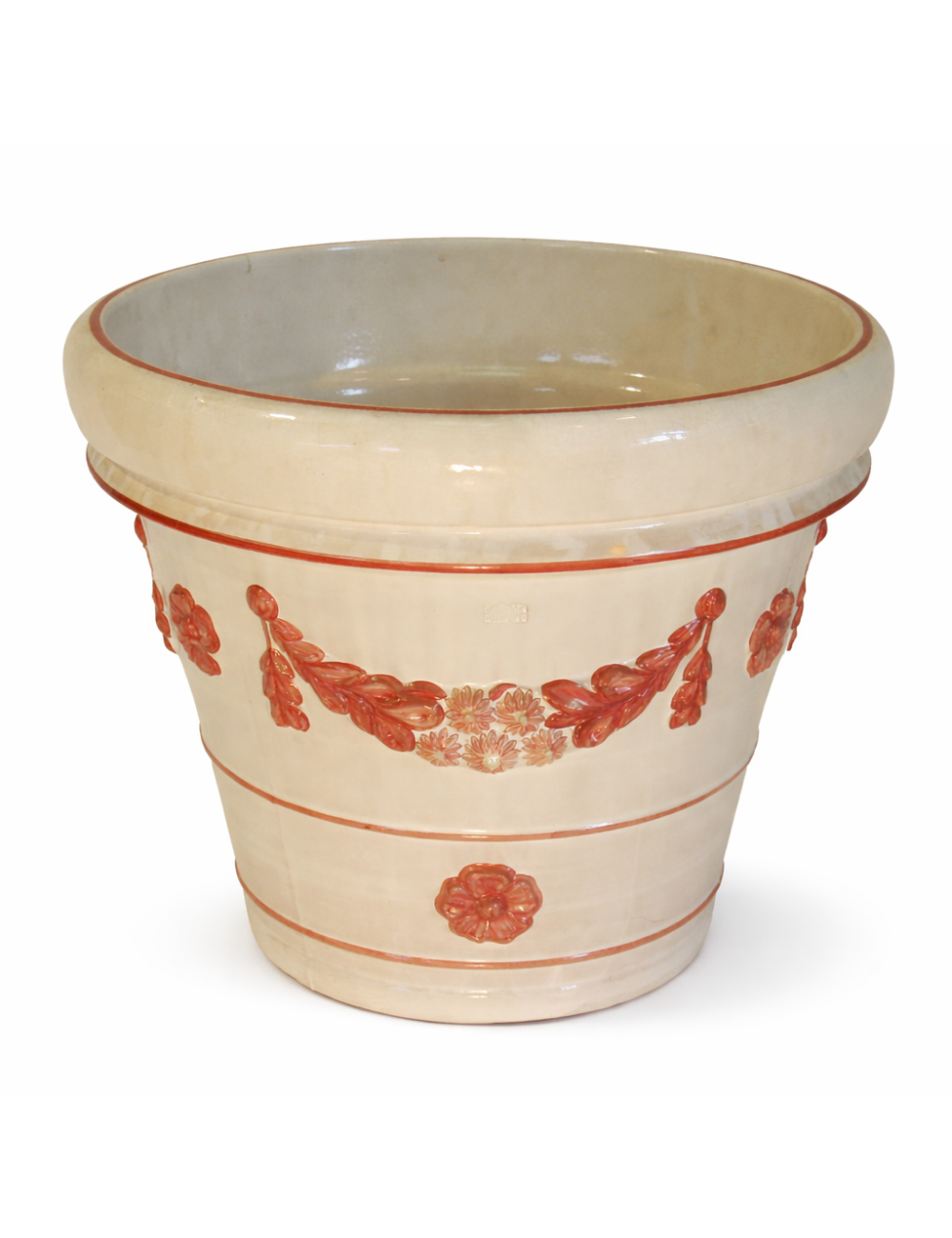 Vaso in ceramica smaltata  color avorio e motivi ornamentali in rilievo dipinti nei toni del rosso corallo