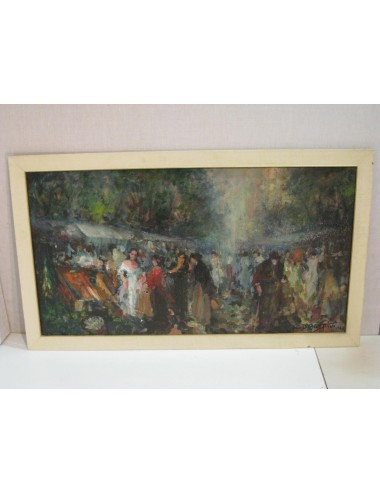 Pittura ad olio " Gente al mercato " firma non decifrata
