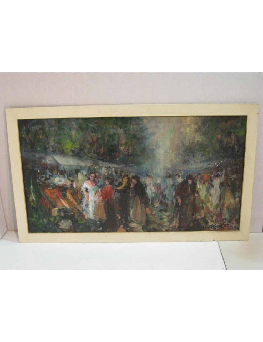 Pittura ad olio " Gente al mercato " firma non decifrata Pittura ad olio " Gente al mercato " firma non decifrata