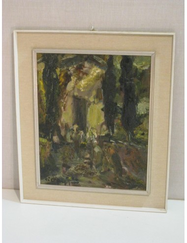 Pittura ad olio "3 cipressi" firma indecifrata