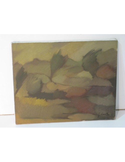 Pittura a olio " campo fiorito con alberi " firma non decifrata