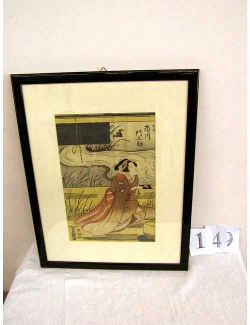 Stampa giapponese fine '800 con dama, cornice nera