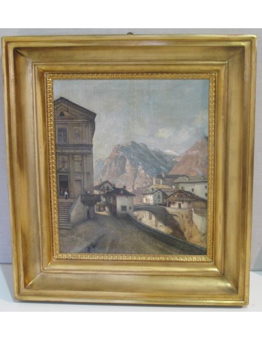 Pittura "scorcio di villaggio" firma illeggibile