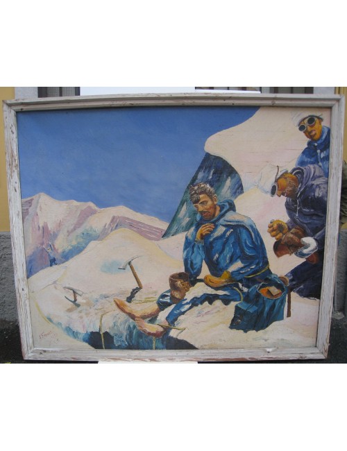 Painting " avalanche with skiers " 20th century illegible signature