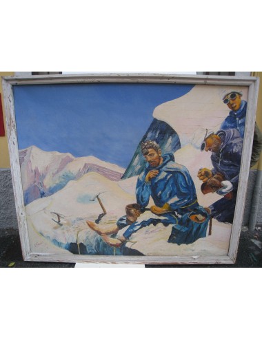Painting " avalanche with skiers " 20th century illegible signature