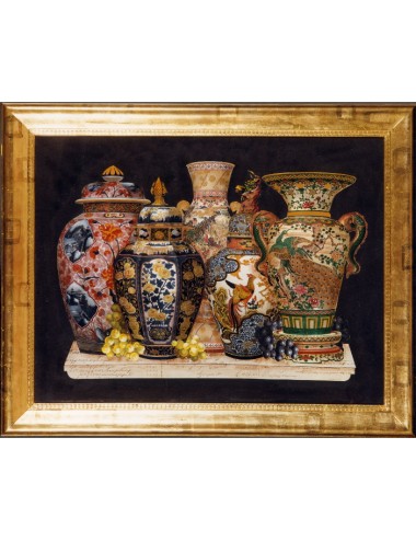 Stampa a decoupage con cornice in foglia d'oro a soggetto Vasi orientali