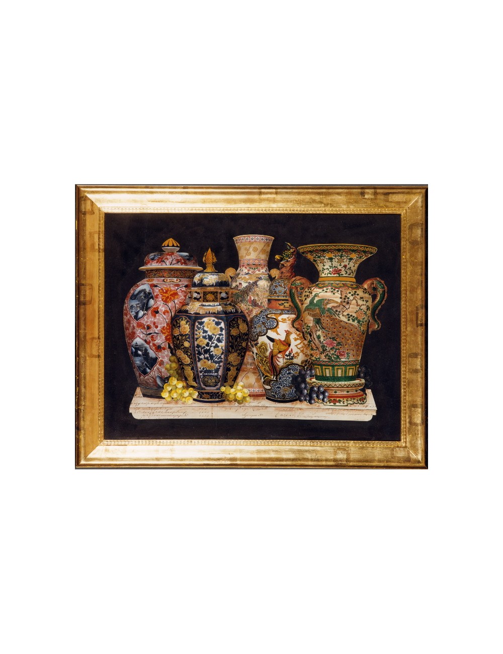 Decoupage print in gold leaf frame subject Oriental Vases