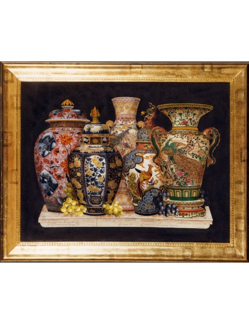 Stampa a decoupage con cornice in foglia d'oro a soggetto Vasi orientali