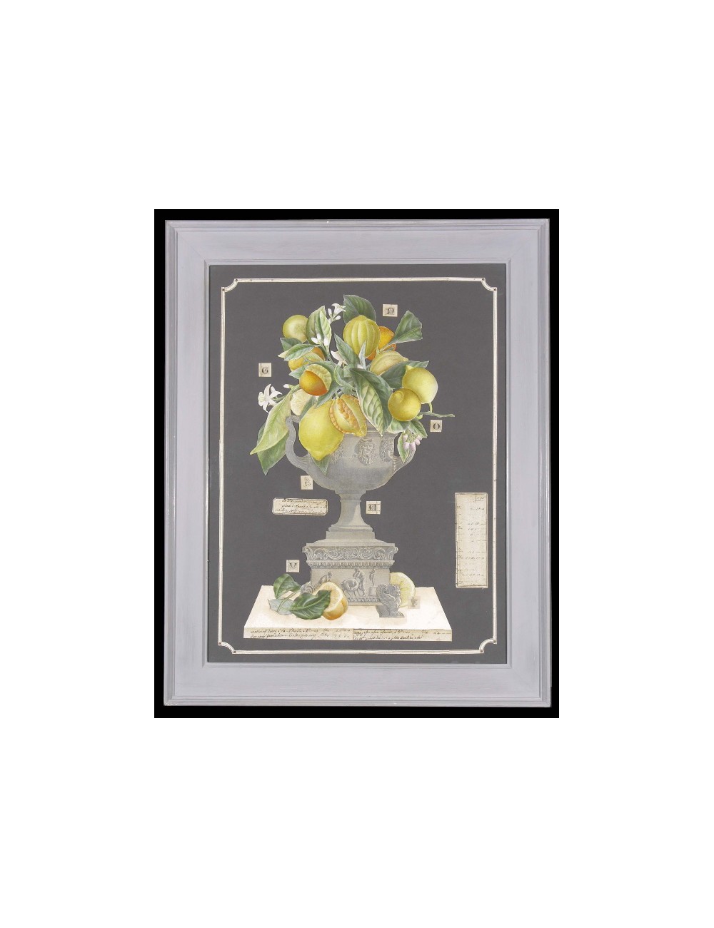 2 stampe a decoupage in cornice piatta laccata grigia, soggetto: tazze d'arancia e di limone 2 stampe a decoupage in cornice piatta laccata grigia, soggetto: tazze d'arancia e di limone