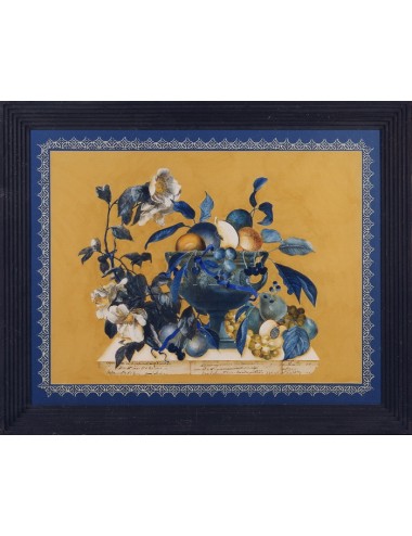 Decoupage print in wooden frame with black border fruit bowl subject blue