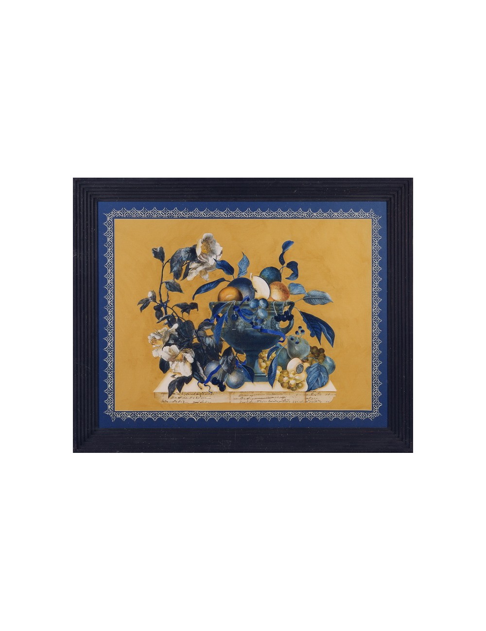 Stampa a decoupage in cornice di legno con bordo nero soggetto ciotola di frutta blu Stampa a decoupage in cornice di legno con bordo nero soggetto ciotola di frutta blu