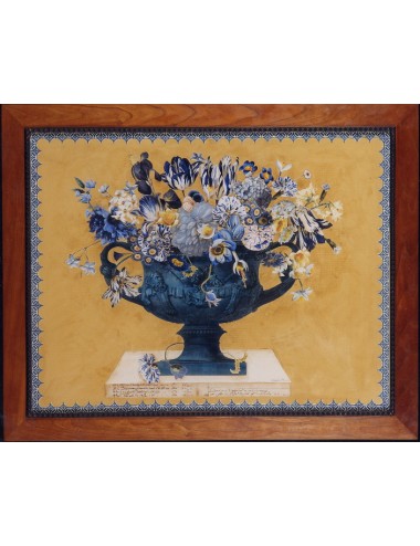 Decoupage print in wooden frame with black borders subject cup blue flowers