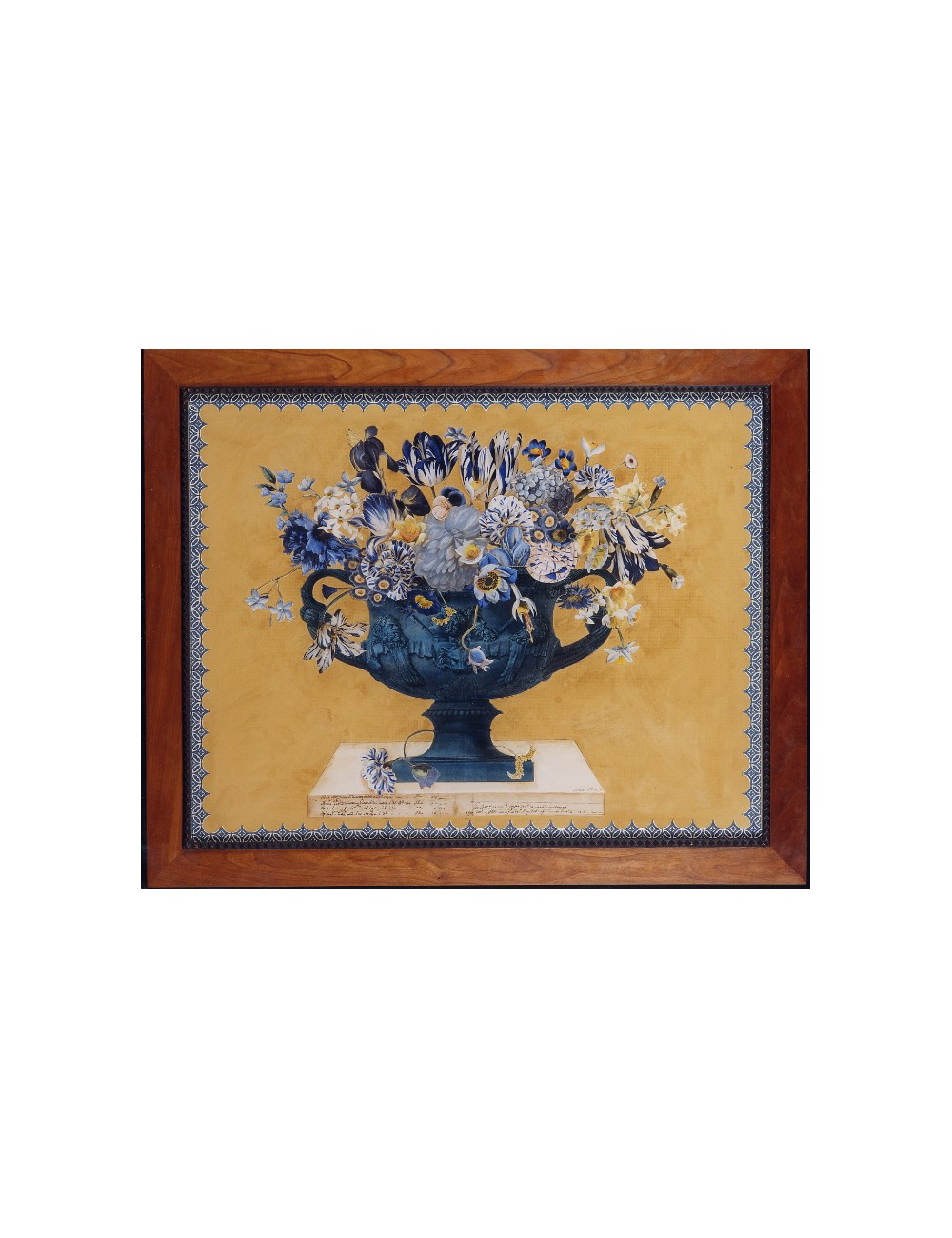 Decoupage print in wooden frame with black borders subject cup blue flowers