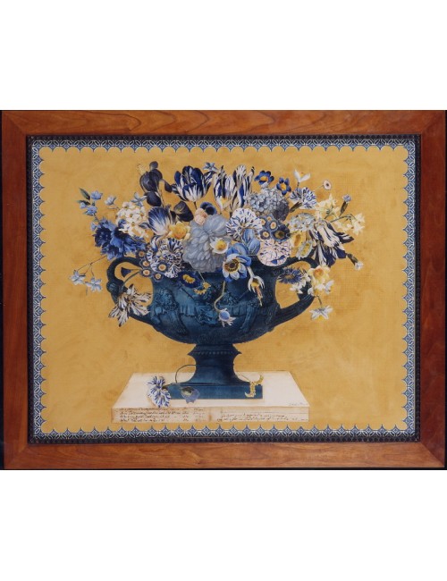 Decoupage print in wooden frame with black borders subject cup blue flowers