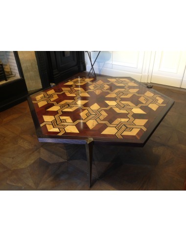 Low hexagonal table with modern inlaid wooden top