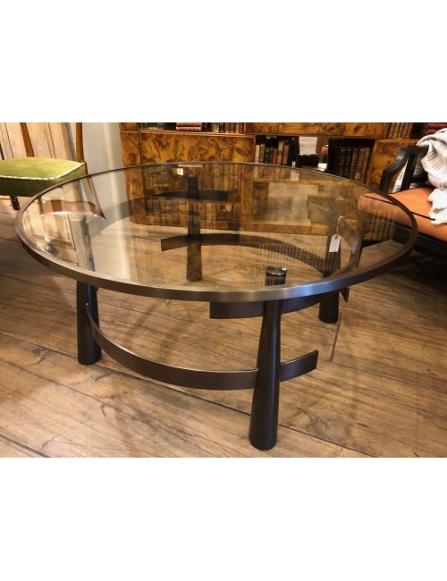 Tavolino moderno con struttura in ottone bronzato e piano in cristallo diametro cm  120