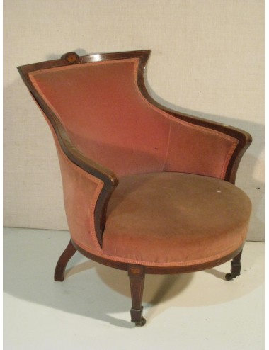 Poltrona/Bergere Vittoriana in velluto , telaio in legno mogano con intarsi nella cimasa e gambe anteriori in acero