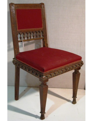 Sedia in legno di noce con seduta imbottita rivestita con tessuto rosso, di fine '800