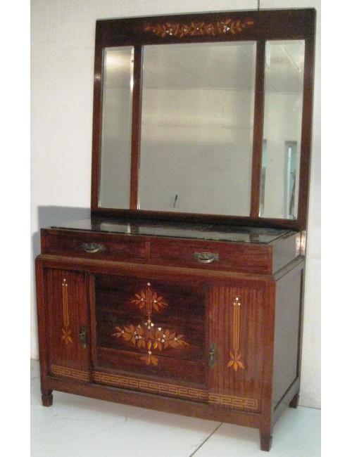 Cassettiera in stile Liberty con specchio in palissandro con intarsi in legno ciliegio e madreperla
