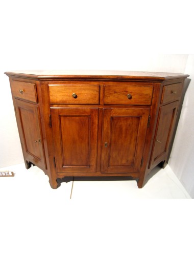 Credenza moderna scantonata in noce con quattro ante fodrinate e quattro cassetti