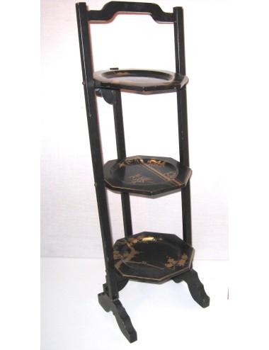 Etagère moderna a tre piani ottagonali , pieghevole stile cinese in legno laccato nero con decori color oro