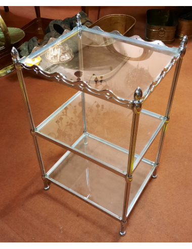 Etagère moderna in metallo cromato e ripiani in cristallo