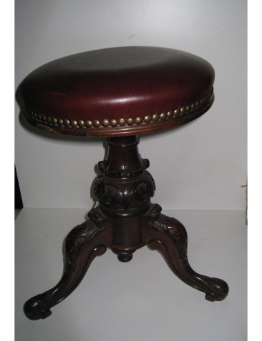 Sgabello epoca Vittoriana per pianoforte in pelle bordeaux