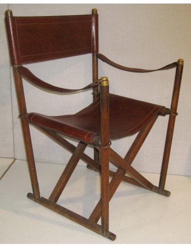 Poltrona da regista in legno, ottone e pelle