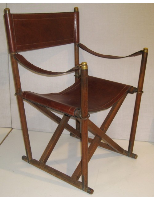 Poltrona da regista in legno, ottone e pelle
