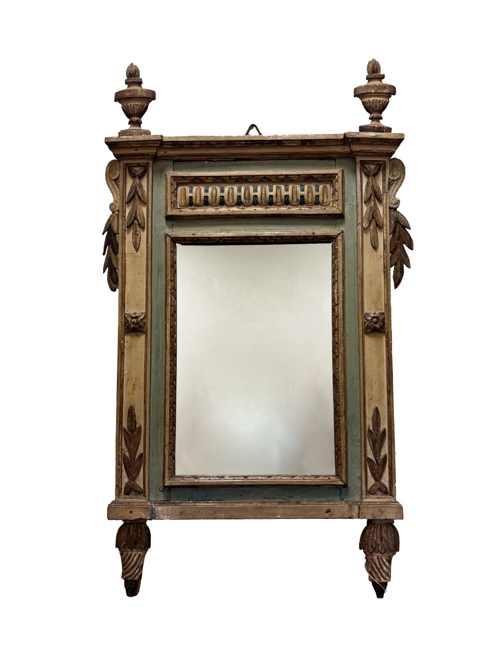 Specchiera stile Luigi XVI con specchio al mercurio , in legno laccato bicolore con intagli dorati