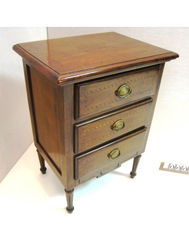 Mobiletto in noce intarsiato, moderno, con tre cassetti , maniglie in ottone brunito