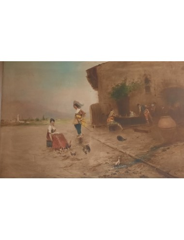 Pittura "con rovine e figure" firma non decifrata