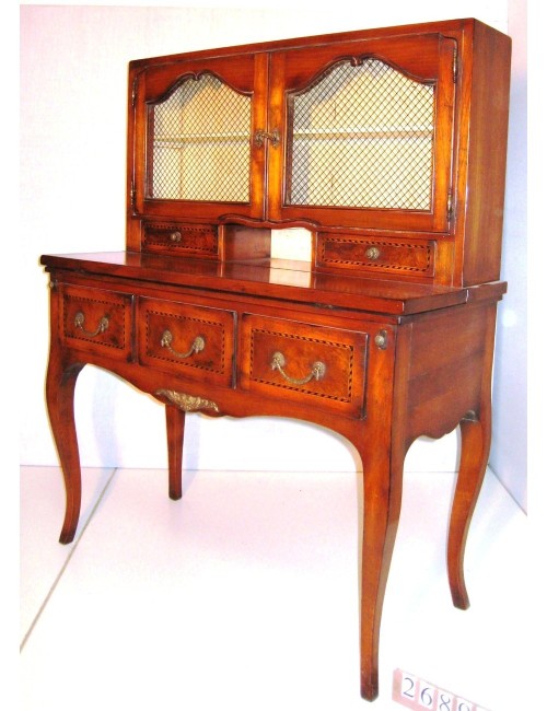 Scrivania moderna in ciliegio con piano ribaltabile e tre cassetti con intarsi e decori in ottone