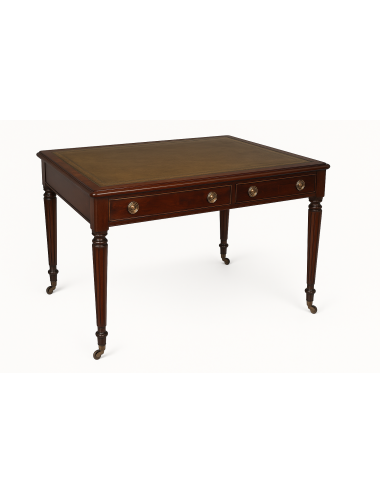 Scrivania / Tavolo con piano in pelle verde e dettagli decorativi raffinati, stile inglese, epoca Vittoriana