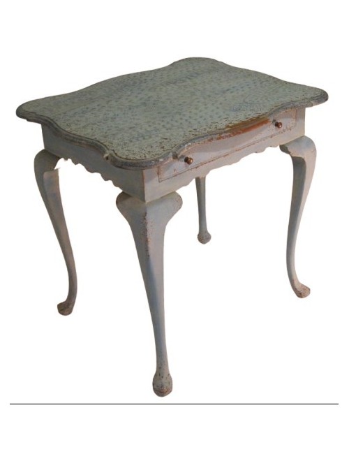 Tavolino / Scrivania decorato, colore azzurro, decapato con un cassetto