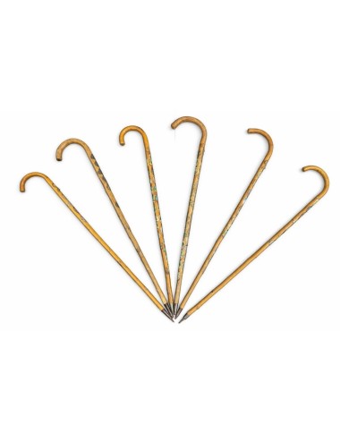 Gruppo di sei bastoni da passeggio d’epoca, realizzati in legno naturale con placche e stemmi metallici lungo il fusto