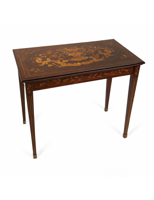 Tavolo da gioco / Consolle in stile olandese con piano apribile in legno mogano con intarsi in acero